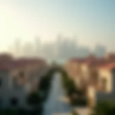 A scenic view of Dubai's skyline with townhouses in the foreground