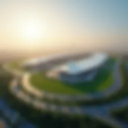 Aerial view of Meydan Racecourse showcasing its unique architecture