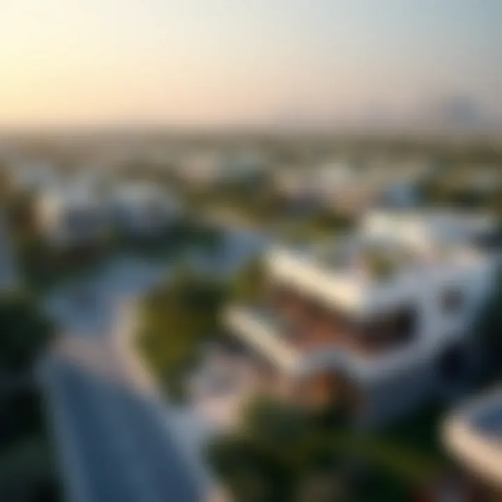 Aerial view of a modern Dubai neighborhood with unique residential layouts